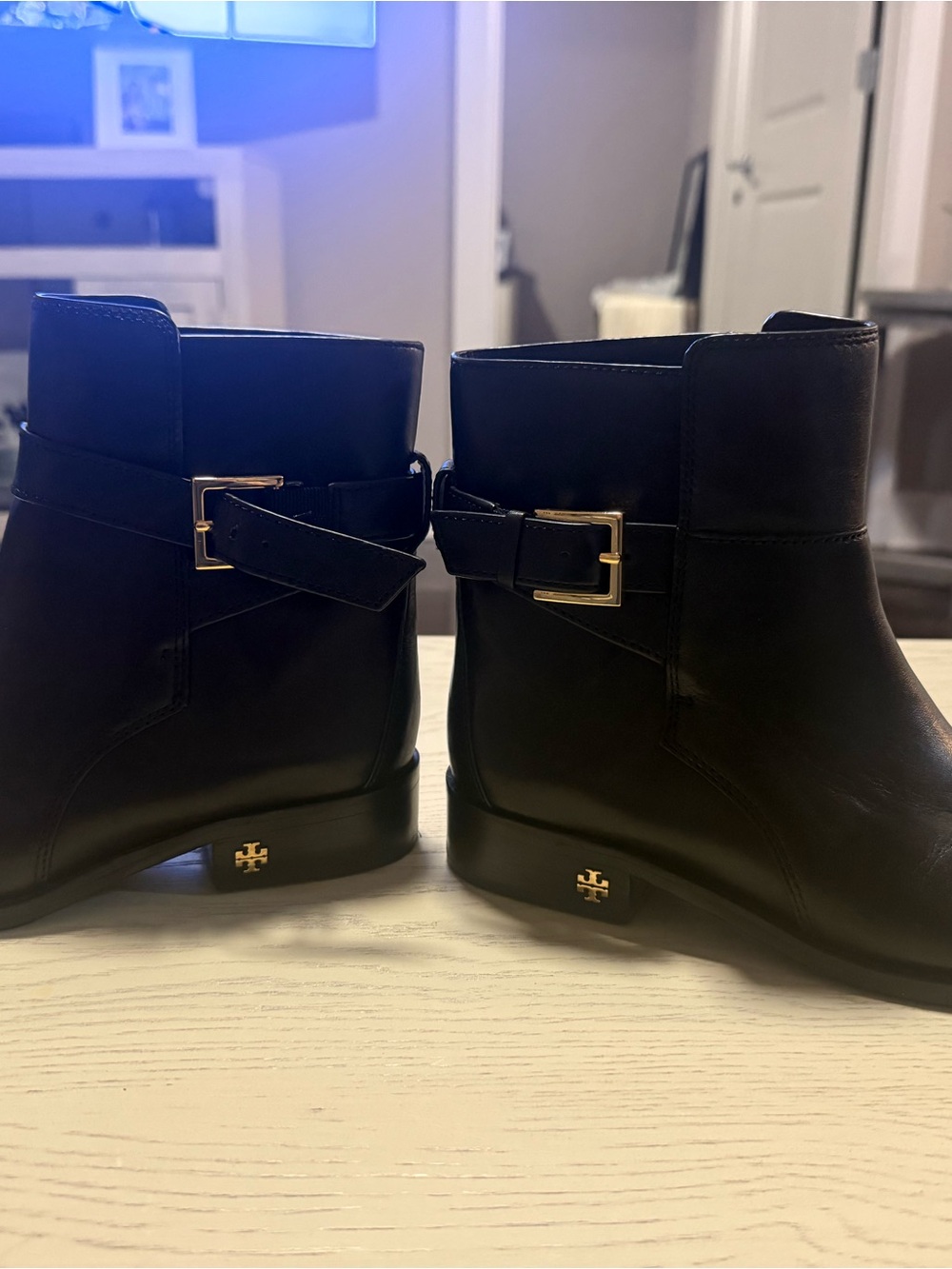 Tory Burch Black Leather Ankle Boots with Gold Buckle